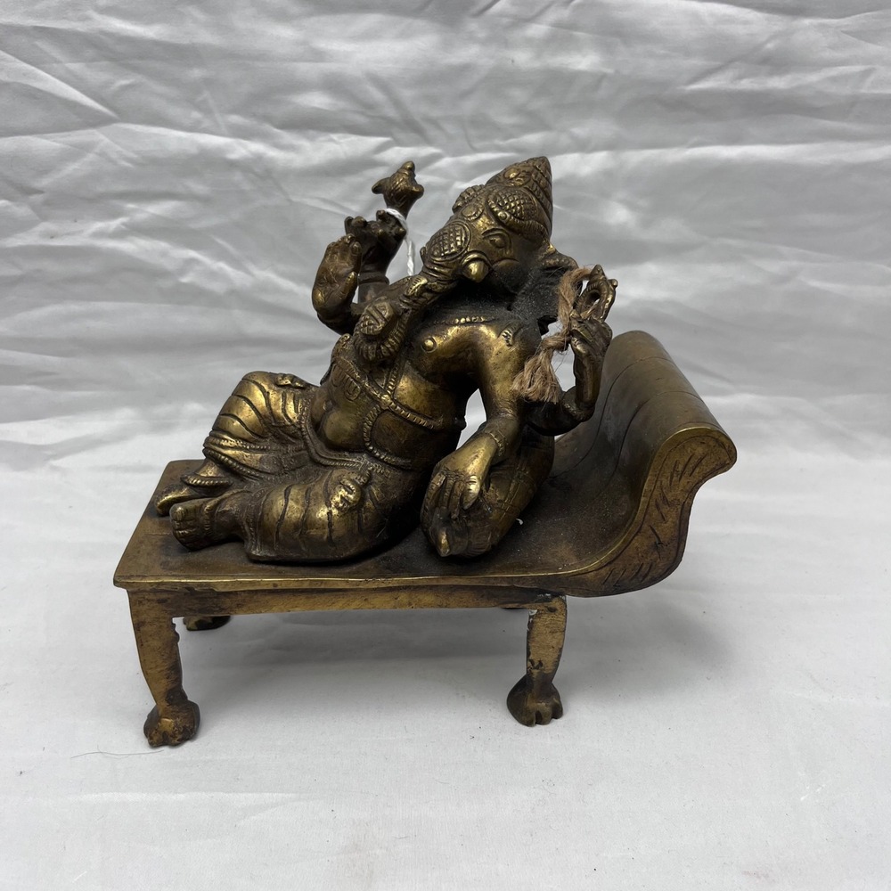 Lord Ganesha Reclining Statue Brass Bronze Tone Hindu Deity Figurine